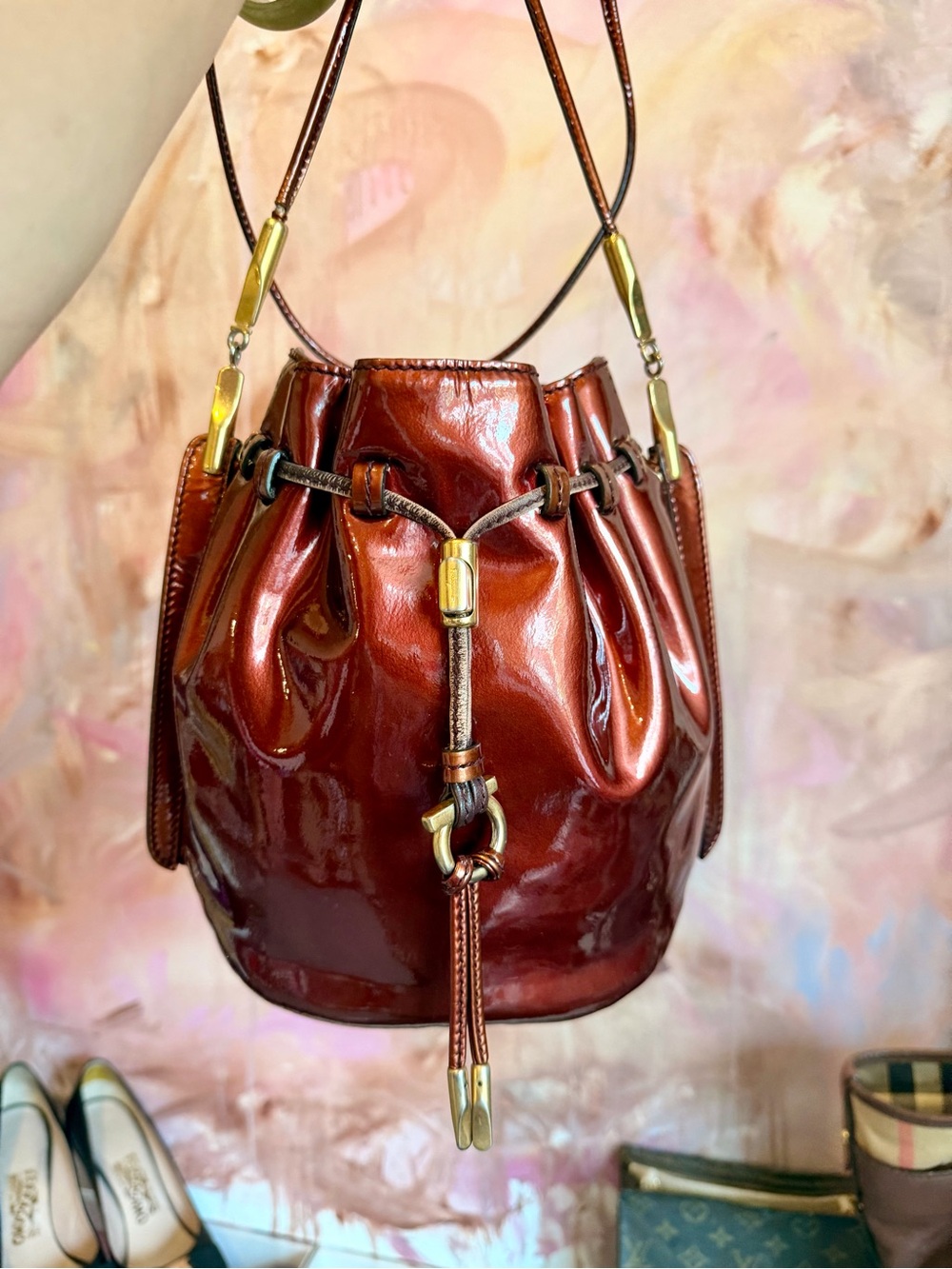 Salvatore Ferragamo Copper Leather Drawstring Bucket Bag